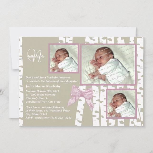 Invitation Baptême Baby Birch Photo rose (Devant)