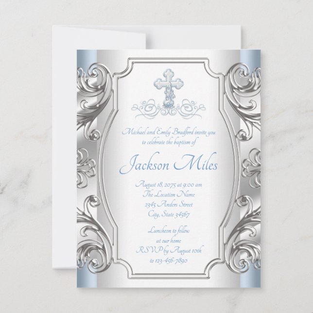 Invitation Baptême Baby Blue Croix Argent Cérémonie de Baptêm (Dos)