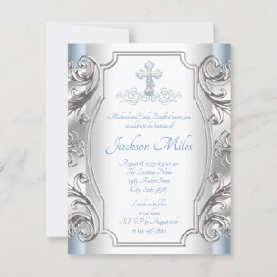 Invitation Baptême Baby Blue Croix Argent Cérémonie de Baptêm