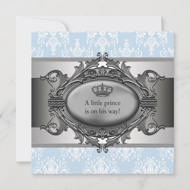 Invitation Baptême Baby Boy Prince Damassé Bleu (Devant)