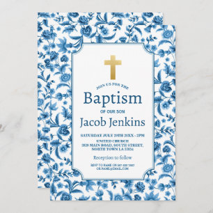 Invitation Baptême Baptême Bleu Blanc Floral Gold Cross