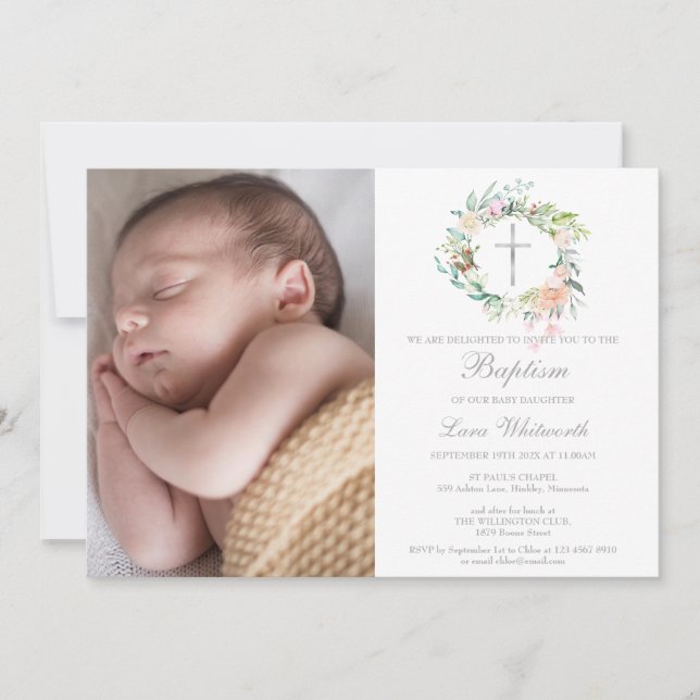 Invitation Baptême Baptême floral couronne photo (Devant)
