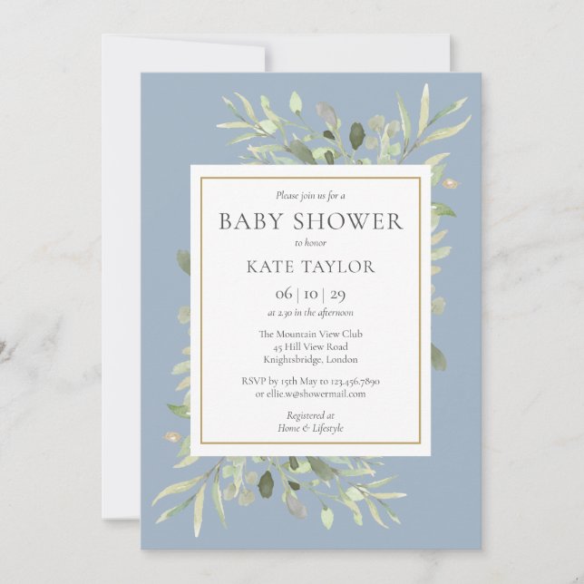Invitation Baptême Bébé à la gouache verte | Sprinkle Bleu (Devant)