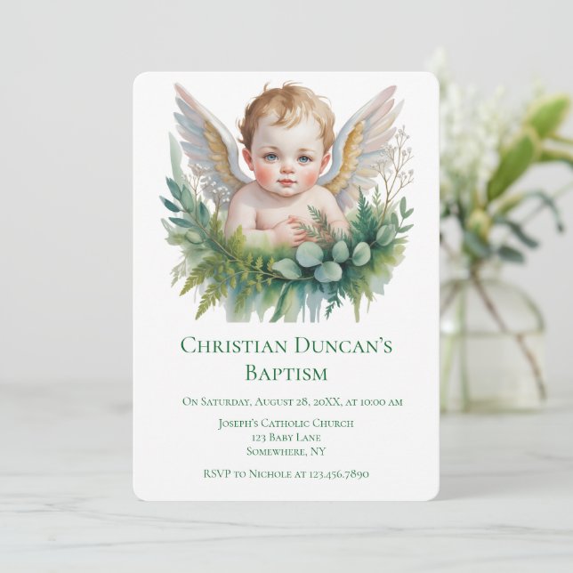 Invitation Baptême Bébé Ange aux Ailes de Plume Aquarelle  (Debout devant)
