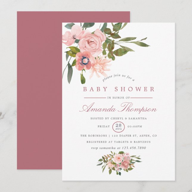 Invitation Baptême bébé aquarelle florale Rose et Or Rose (Devant / Derrière)