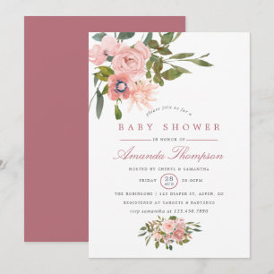 Invitation Baptême bébé aquarelle florale Rose et Or Rose