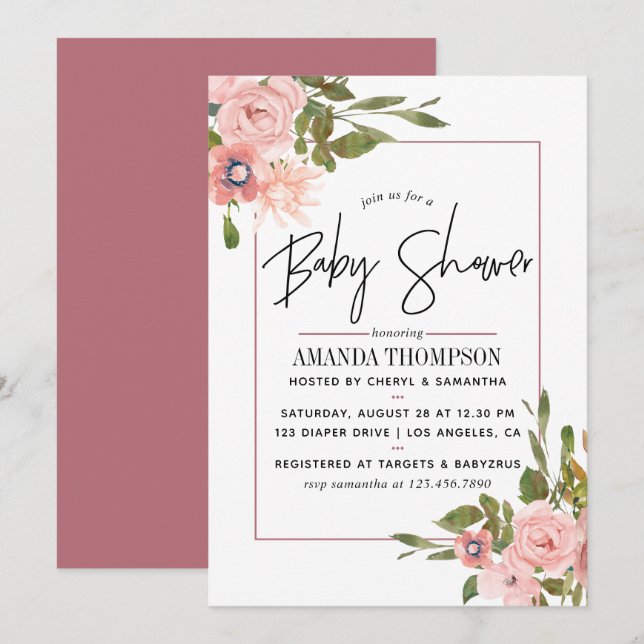 Invitation Baptême bébé aquarelle florale Rose et Or rose (Devant / Derrière)