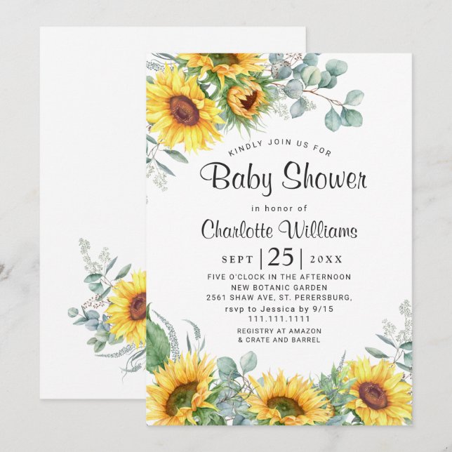 Invitation Baptême Bébé Aquarelle Tournesols Eucalyptus (Devant / Derrière)
