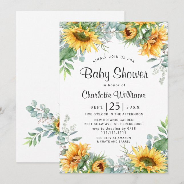 Invitation Baptême Bébé Aquarelle Tournesols Eucalyptus (Devant / Derrière)