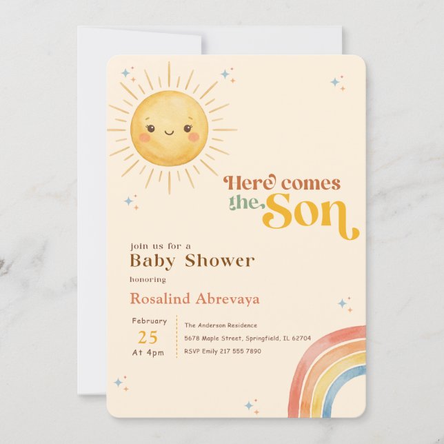 Invitation Baptême Bébé Arc-en-Ciel en Aquarelle Sunshine (Devant)