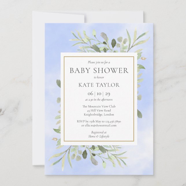 Invitation Baptême Bébé Bleu Végétal Aquarelle | Sprinkle (Devant)