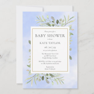 Invitation Baptême Bébé Bleu Végétal Aquarelle Sprinkle