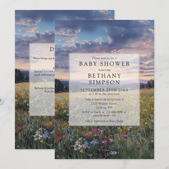 Invitation Baptême Bébé Code QR Prairie Florale Aquarelle (Devant / Derrière)