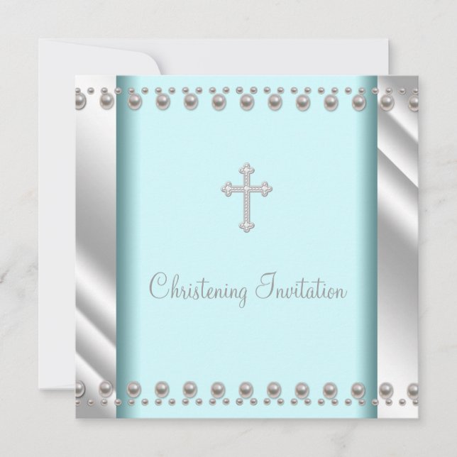 Invitation Baptême bébé croix perle bleu sarcelle Christening (Devant)