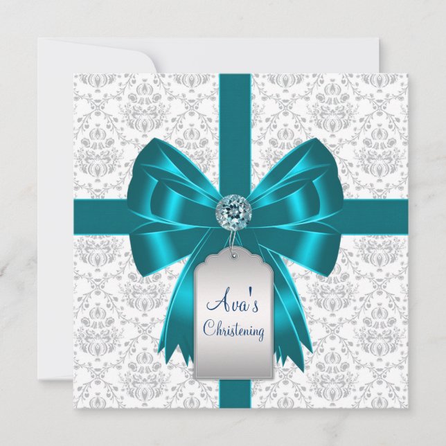 Invitation Baptême bébé damas blanc sarcelle bleu (Devant)