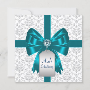 Invitation Baptême bébé damas blanc sarcelle bleu