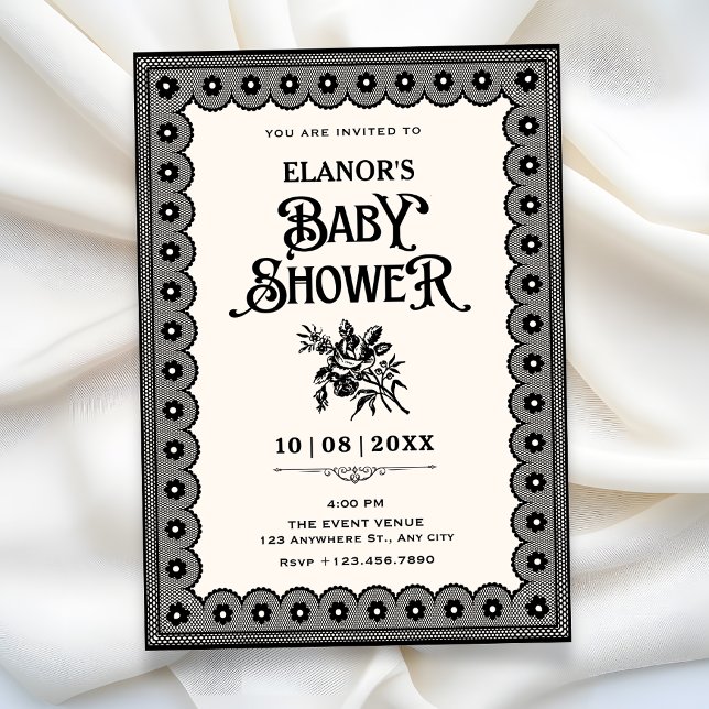 Invitation Baptême bébé dentelle victorienne noire (Créateur téléchargé)