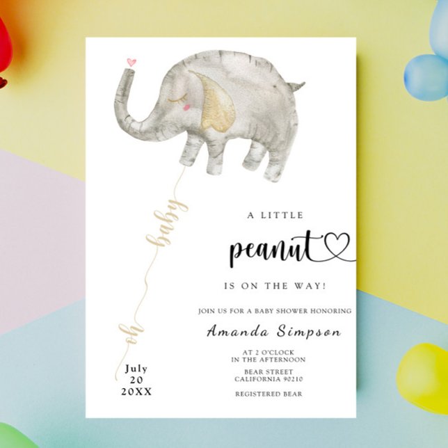 Invitation Baptême Bébé Éléphant Ballon Aquarelle (Créateur téléchargé)