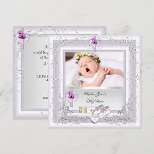 Invitation Baptême Bébé Fille Blanc Lilas Rose