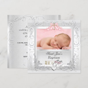 Invitation Baptême Bébé Fille Blanc Rose
