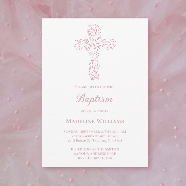 Invitation Baptême bébé fille | croix feuillue  (Créateur téléchargé)
