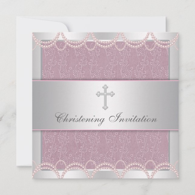 Invitation Baptême bébé fille Croix Perle Rose (Devant)