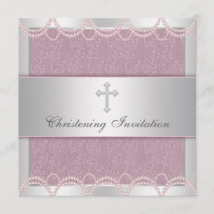 Invitation Baptême bébé fille Croix Perle Rose