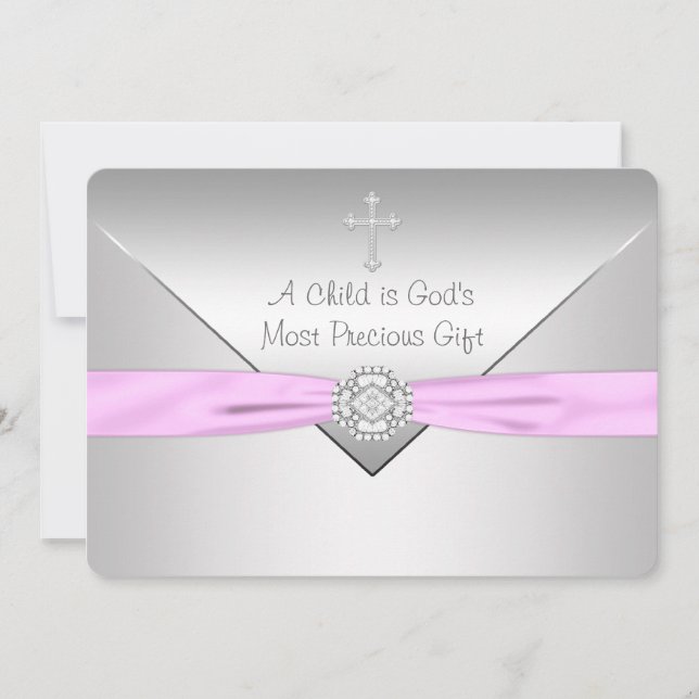 Invitation Baptême bébé fille Croix Rose (Devant)