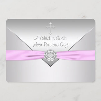 Invitation Baptême bébé fille Croix Rose