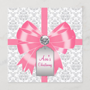 Invitation Baptême bébé fille damassé gris rose