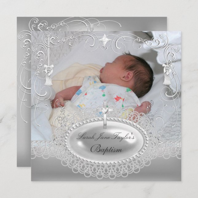 Invitation Baptême Bébé Fille Garçon Christening Perle Argent (Devant / Derrière)