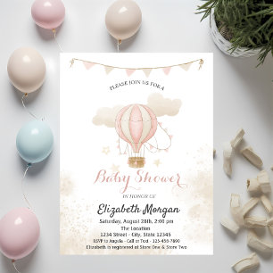 Invitation Baptême Bébé Fille Montgolfière Rose Nuages