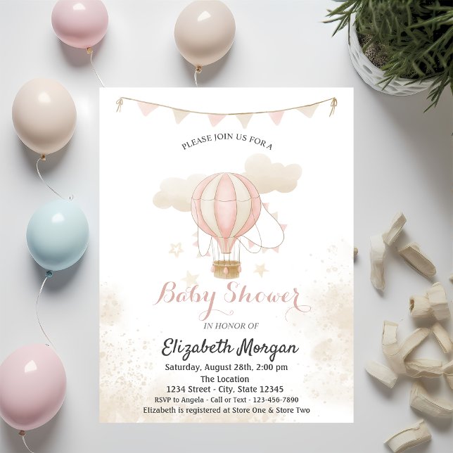 Invitation Baptême Bébé Fille Montgolfière Rose Nuages (Créateur téléchargé)