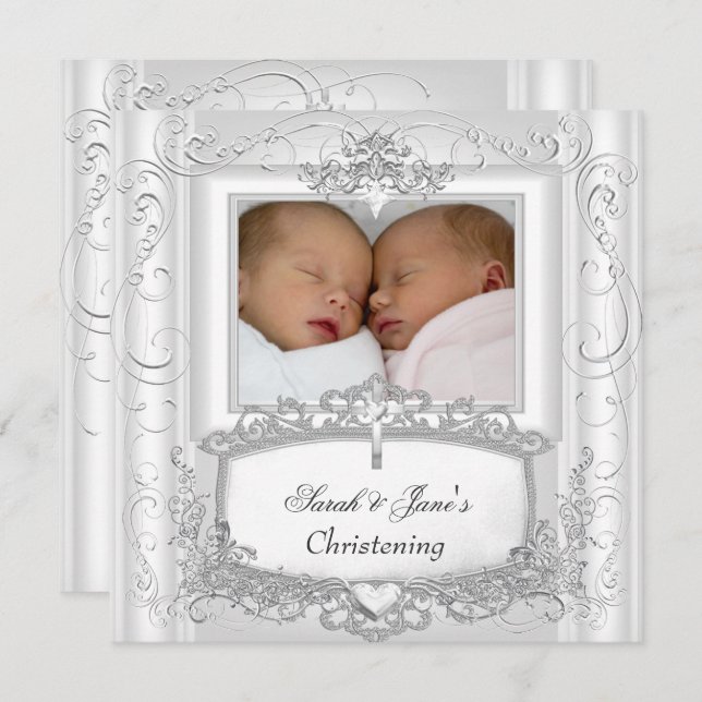Invitation Baptême Bébé Fille ou Garçon Jumeaux Blanc (Devant / Derrière)