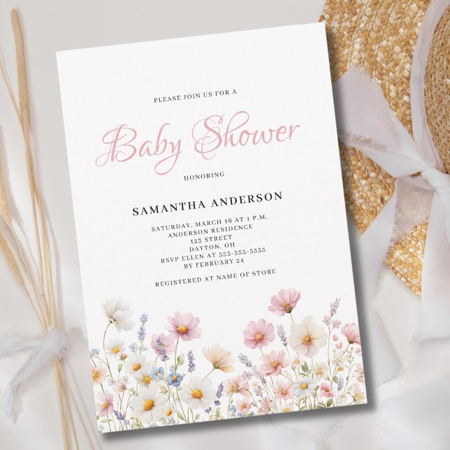 Invitation Baptême Bébé Fleurs Aquarelle Rose (Créateur téléchargé)