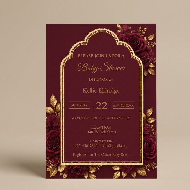 Invitation Baptême Bébé Fleurs Bordeaux & Or (Créateur téléchargé)