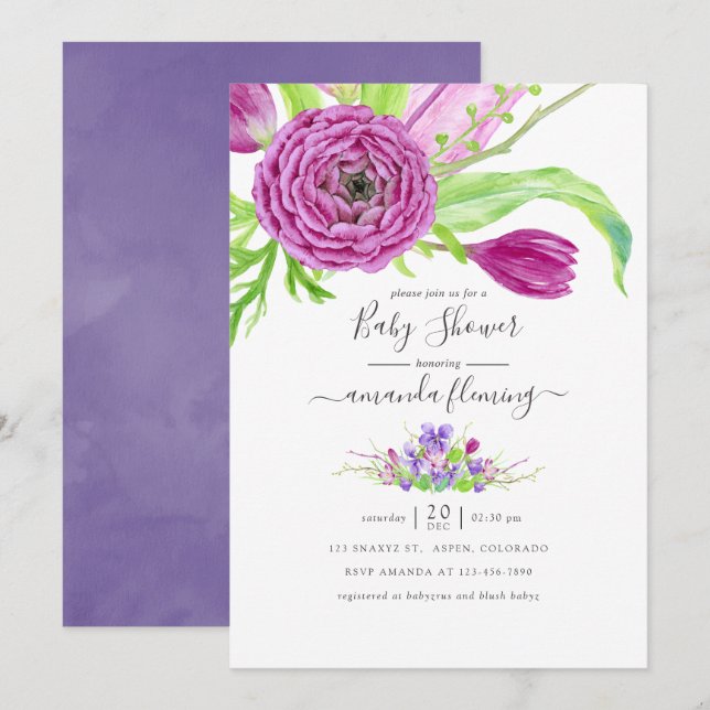 Invitation Baptême bébé floral aquarelle printemps (Devant / Derrière)