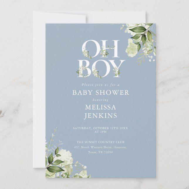 Invitation Baptême Bébé Garçon Code QR Dusty Blue Oh Boy Gree (Devant)
