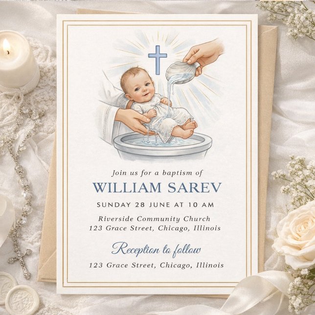 Invitation Baptême Bébé Garçon Coquille Bleue Bordure Or Élég (Créateur téléchargé)