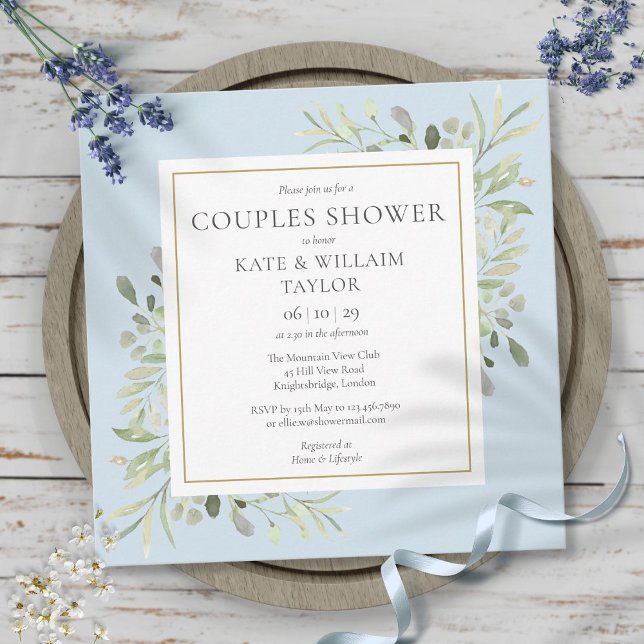 Invitation Baptême Bébé Garçon Couples Vert Aquarelle (Watercolor Greenery Boy Blue Couples Baby Shower Invitation)