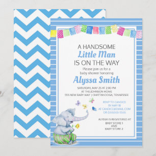 Invitation Baptême bébé garçon éléphants bleus papillons