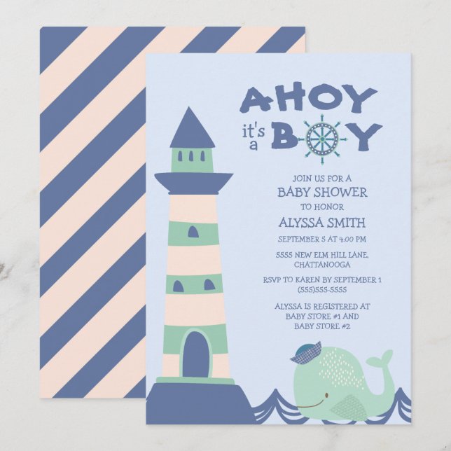 Invitation Baptême Bébé Garçon Phare Baleine Verte Bleue (Devant / Derrière)