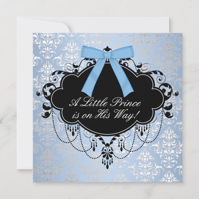 Invitation Baptême bébé garçon Prince Damassé Noir Bleu (Devant)