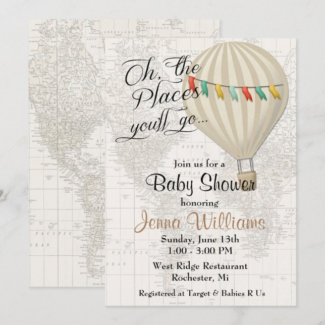 Invitation Baptême Bébé Genre Neutre Montgolfière (Devant / Derrière)