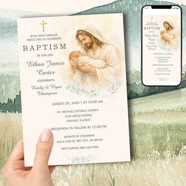 Invitation baptême bébé Jésus le tenant (Créateur téléchargé)