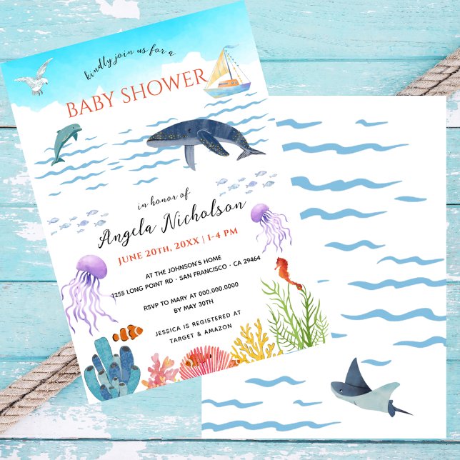 Invitation Baptême Bébé Moderne Sous l'Eau Aquarelle (Créateur téléchargé)