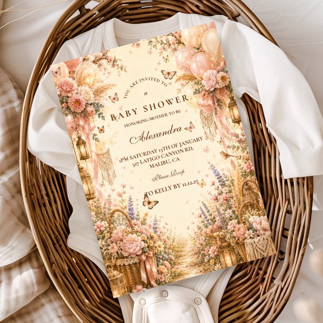 Invitation Baptême Bébé Papillon Bohème Élégant (Créateur téléchargé)