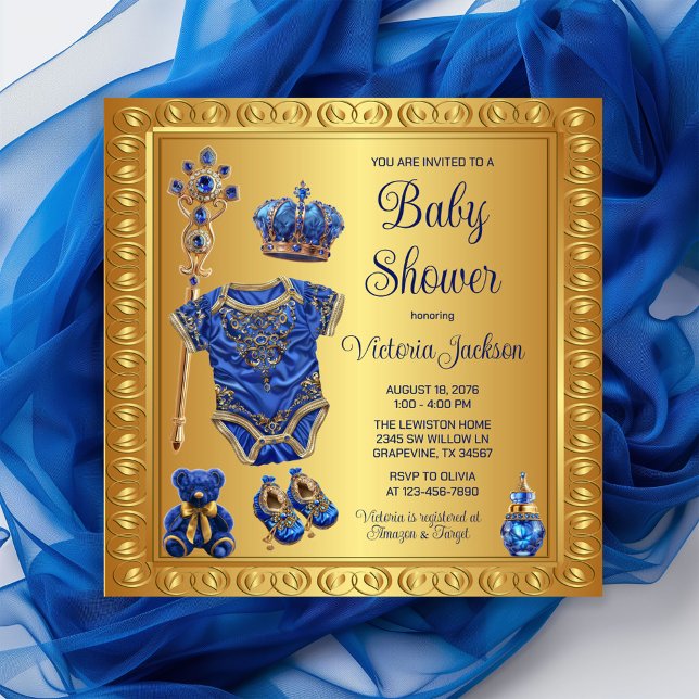 Invitation Baptême Bébé Prince Bleu Royal Or Royal (Celebrate your little prince with  our royal blue and gold royal essentials baby shower invitation!)