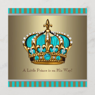 Invitation Baptême Bébé Prince Bleu Turquoise Or