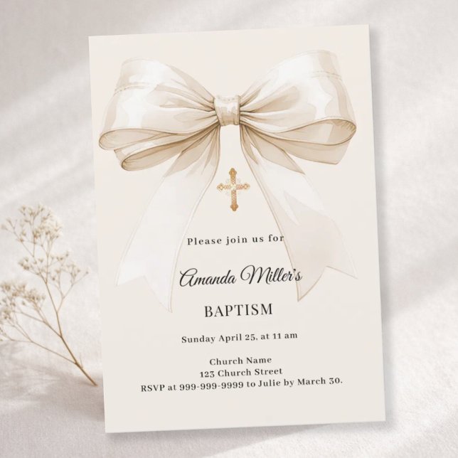 Invitation Baptême beige élégant neutre nœud (Créateur téléchargé)